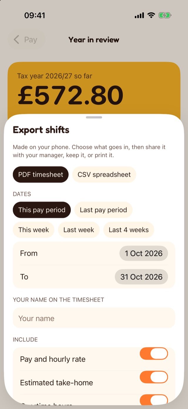 Export: a PDF timesheet or CSV spreadsheet for any dates