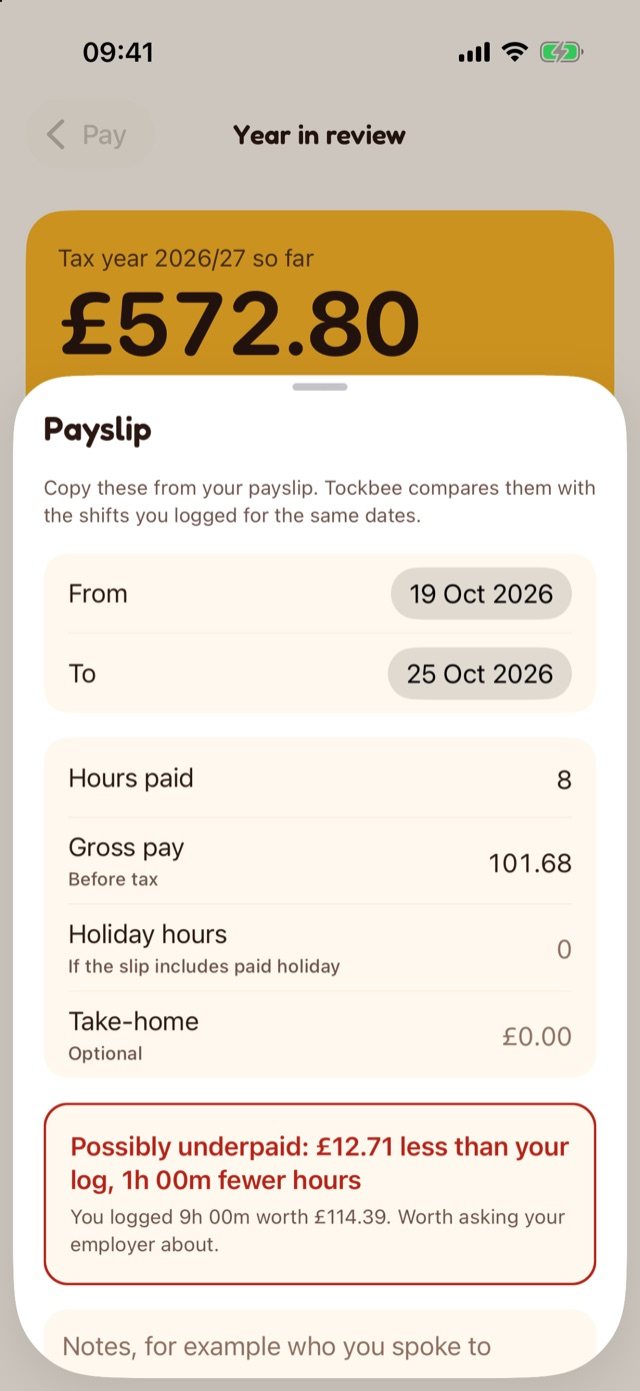 Payslip check: possibly underpaid by £12.71 compared with your log