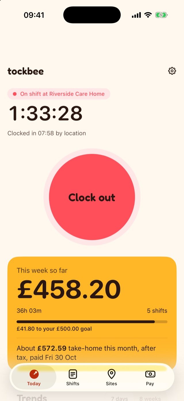 Today: a running shift at Riverside Care Home and the Clock out button